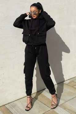 Rebellious Fashion Black Cargo Pocket Hoodie and Joggers Tracksuit - Aafiya