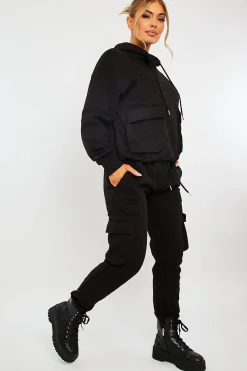 Rebellious Fashion Black Cargo Pocket Hoodie and Joggers Tracksuit - Aafiya