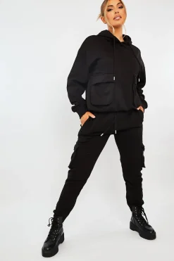 Rebellious Fashion Black Cargo Pocket Hoodie and Joggers Tracksuit - Aafiya