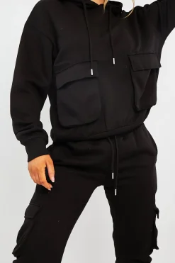 Rebellious Fashion Black Cargo Pocket Hoodie and Joggers Tracksuit - Aafiya