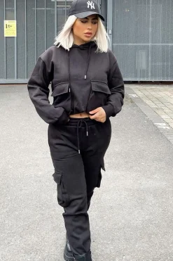 Rebellious Fashion Black Cargo Pocket Hoodie and Joggers Tracksuit - Aafiya
