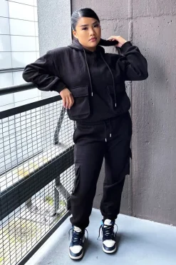 Rebellious Fashion Black Cargo Pocket Hoodie and Joggers Tracksuit - Aafiya