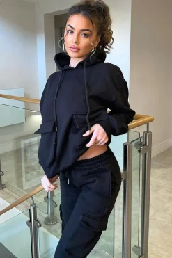Rebellious Fashion Black Cargo Pocket Hoodie and Joggers Tracksuit - Aafiya