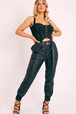 Rebellious Fashion Black Cargo Pouch Belted PU Joggers - Mishka