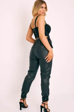 Rebellious Fashion Black Cargo Pouch Belted PU Joggers - Mishka