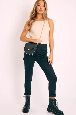 Rebellious Fashion Black Cargo Roll Hem Jeans - Makaria