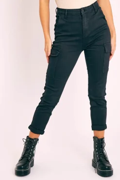 Rebellious Fashion Black Cargo Roll Hem Jeans - Makaria
