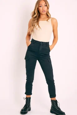 Rebellious Fashion Black Cargo Roll Hem Jeans - Makaria