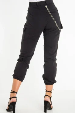 Rebellious Fashion Black Chain Detail Utility Pocket Cargo Trousers - Elinor