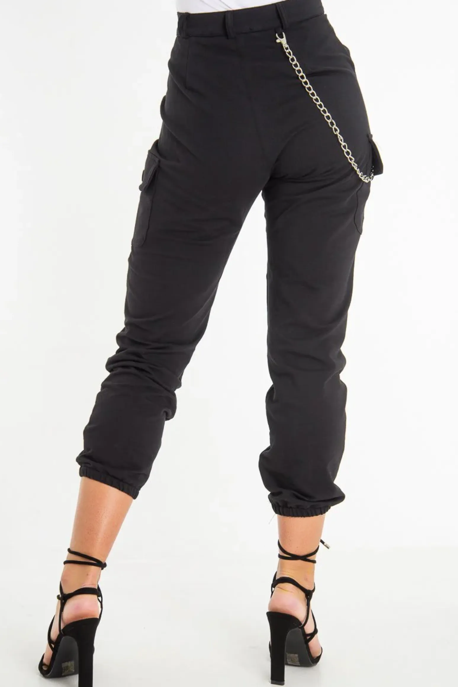 Rebellious Fashion Black Chain Detail Utility Pocket Cargo Trousers - Elinor