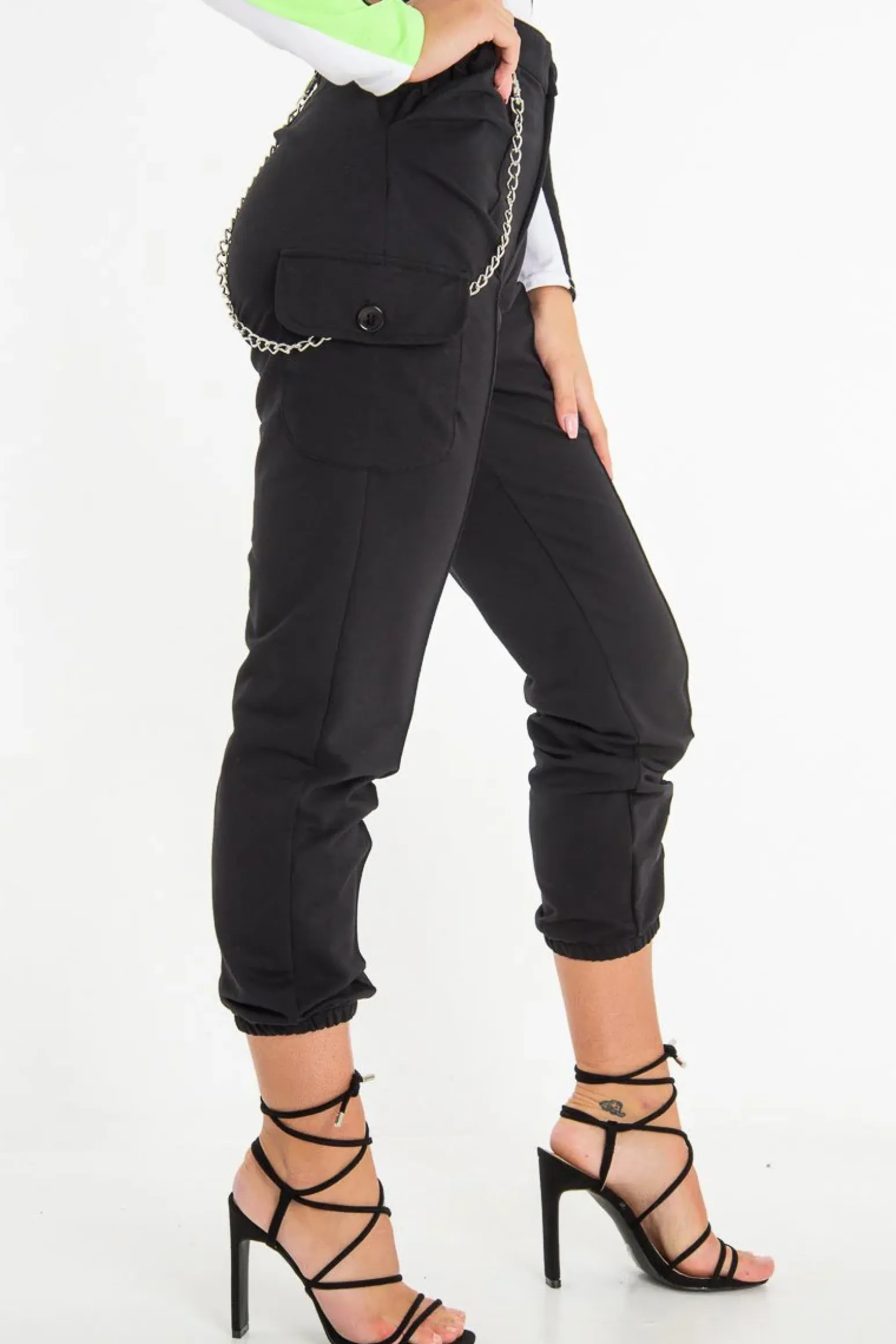 Rebellious Fashion Black Chain Detail Utility Pocket Cargo Trousers - Elinor