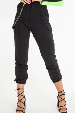 Rebellious Fashion Black Chain Detail Utility Pocket Cargo Trousers - Elinor