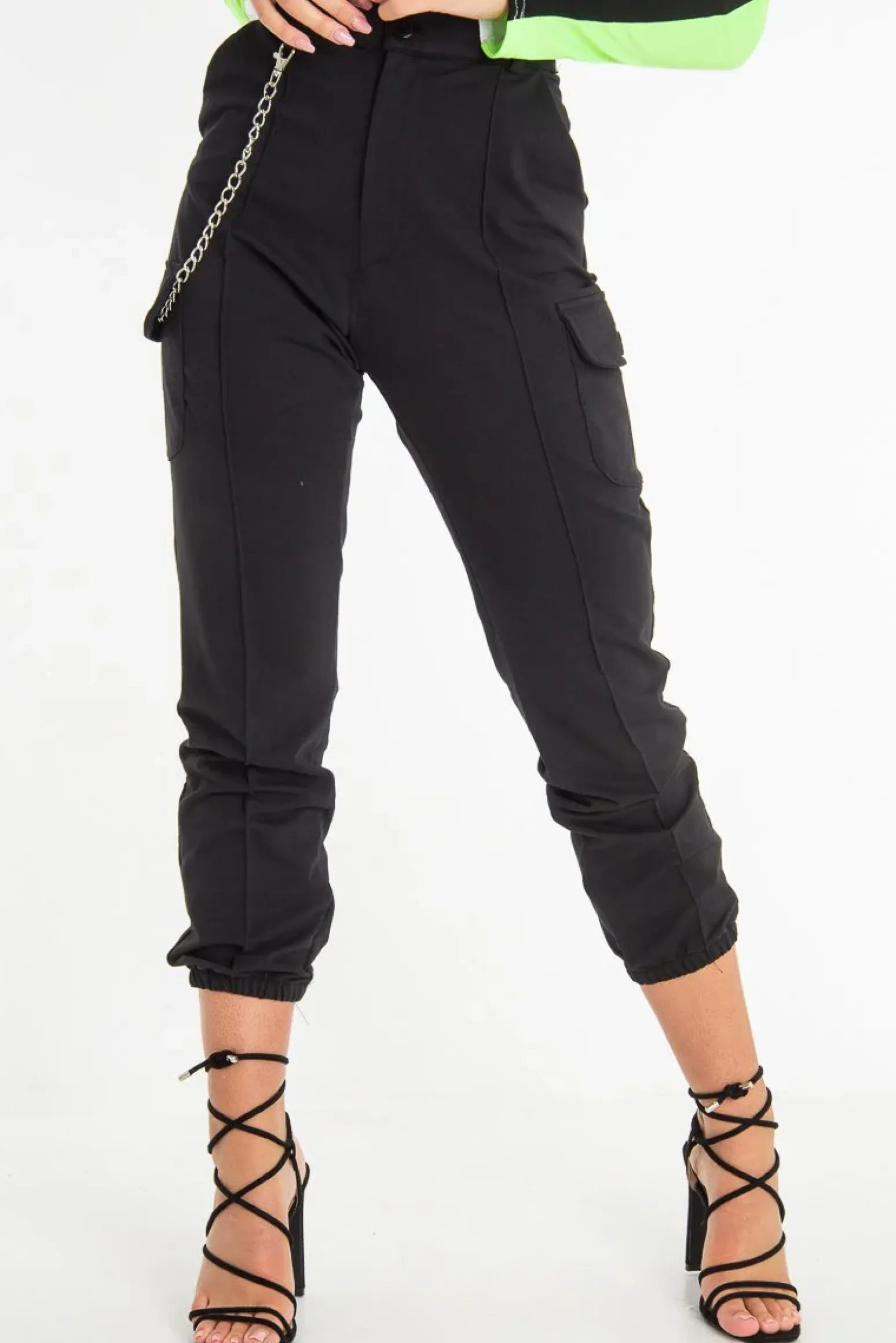 Rebellious Fashion Black Chain Detail Utility Pocket Cargo Trousers - Elinor