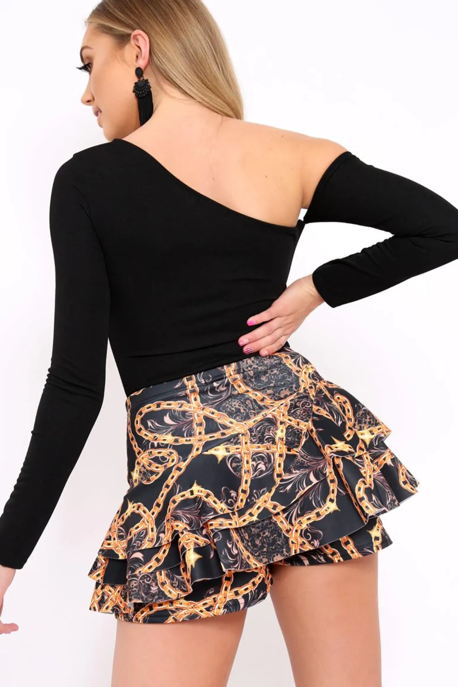 Rebellious Fashion Black Chain Frill High Waisted Shorts - Sophia