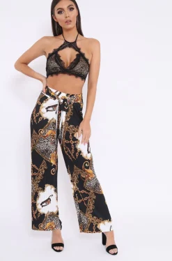 Rebellious Fashion Black Chain Leopard Pleated Wide Leg Trousers - Bess