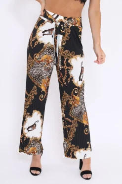 Rebellious Fashion Black Chain Leopard Pleated Wide Leg Trousers - Bess