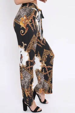 Rebellious Fashion Black Chain Leopard Pleated Wide Leg Trousers - Bess