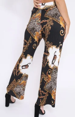 Rebellious Fashion Black Chain Leopard Pleated Wide Leg Trousers - Bess