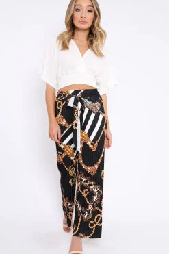 Rebellious Fashion Black Chain Pleated Wide Leg Trousers - Neola