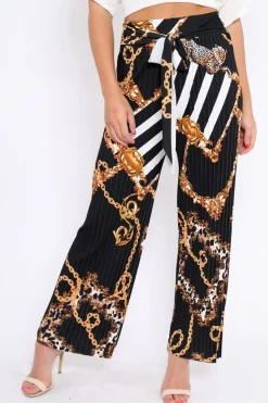 Rebellious Fashion Black Chain Pleated Wide Leg Trousers - Neola