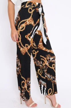 Rebellious Fashion Black Chain Pleated Wide Leg Trousers - Neola