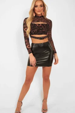 Rebellious Fashion Black Chain Print Cut Out Mesh Buckle Crop Top - Tionne