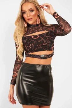 Rebellious Fashion Black Chain Print Cut Out Mesh Buckle Crop Top - Tionne
