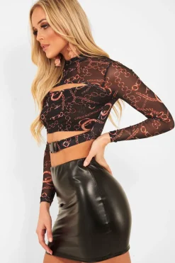 Rebellious Fashion Black Chain Print Cut Out Mesh Buckle Crop Top - Tionne