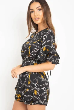 Rebellious Fashion Black Chain Print Ruffle Sleeve Playsuit - Parrish