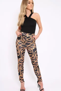 Rebellious Fashion Black Chain Print Trousers - Donika