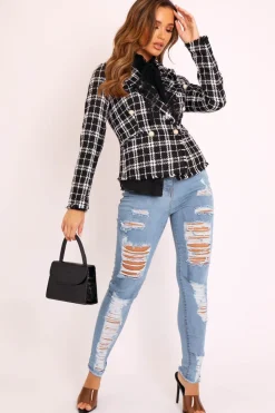Rebellious Fashion Black Check Boucle Double Breasted Blazer - Suri