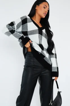Rebellious Fashion Black Check Deep Neck Sweater - Neta
