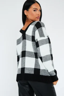 Rebellious Fashion Black Check Deep Neck Sweater - Neta