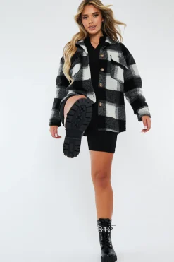 Rebellious Fashion Black Checked Brushed Pocket Front Shacket - Peggy