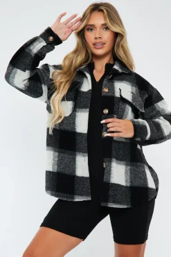 Rebellious Fashion Black Checked Brushed Pocket Front Shacket - Peggy