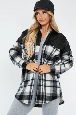 Rebellious Fashion Black Checked Leather Contrast Pocket Front Shacket - Ciana