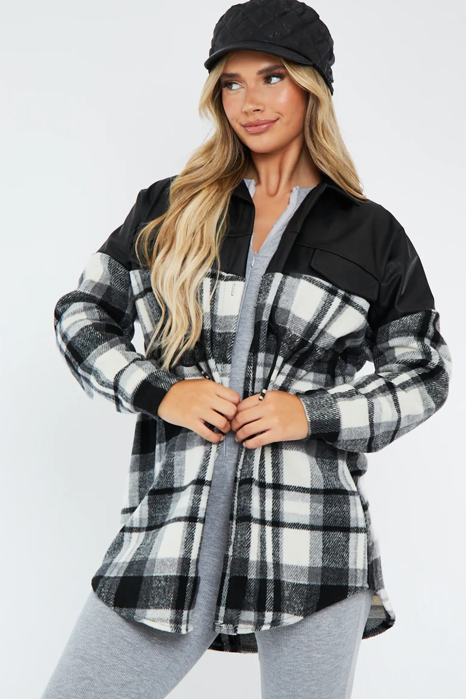 Rebellious Fashion Black Checked Leather Contrast Pocket Front Shacket - Ciana