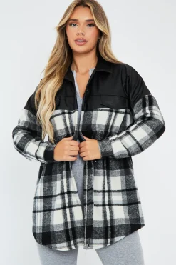 Rebellious Fashion Black Checked Leather Contrast Pocket Front Shacket - Ciana
