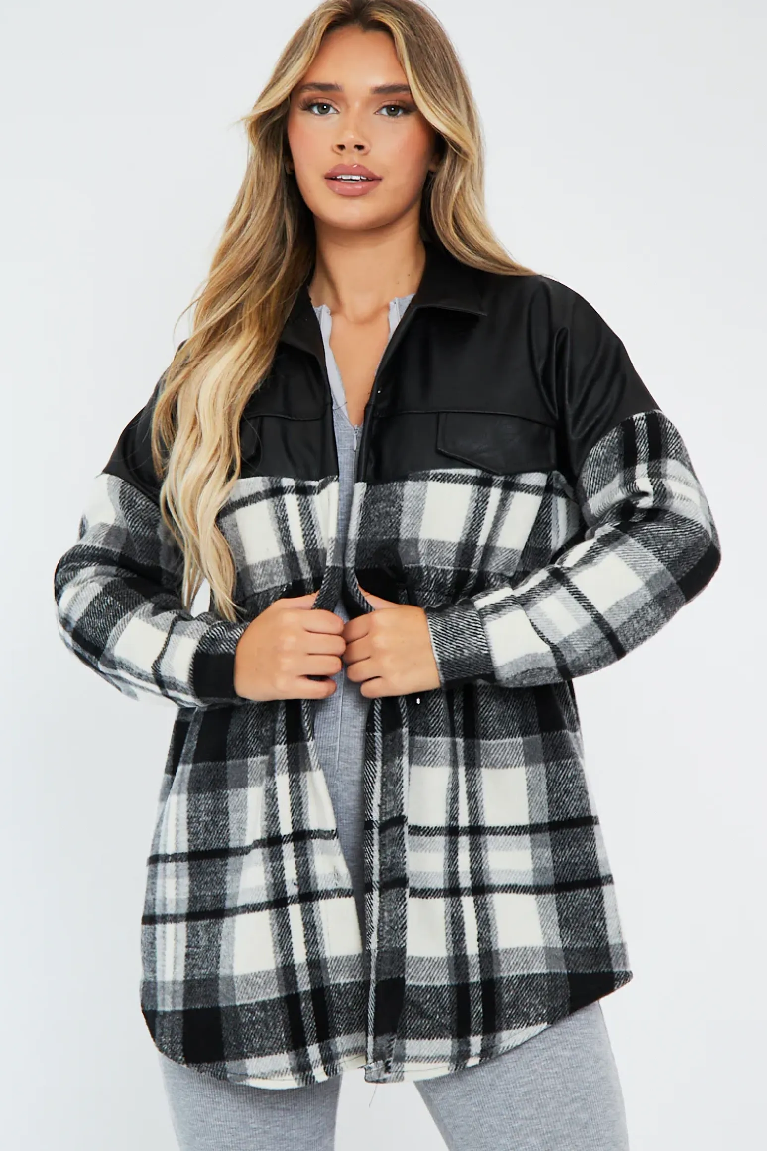 Rebellious Fashion Black Checked Leather Contrast Pocket Front Shacket - Ciana