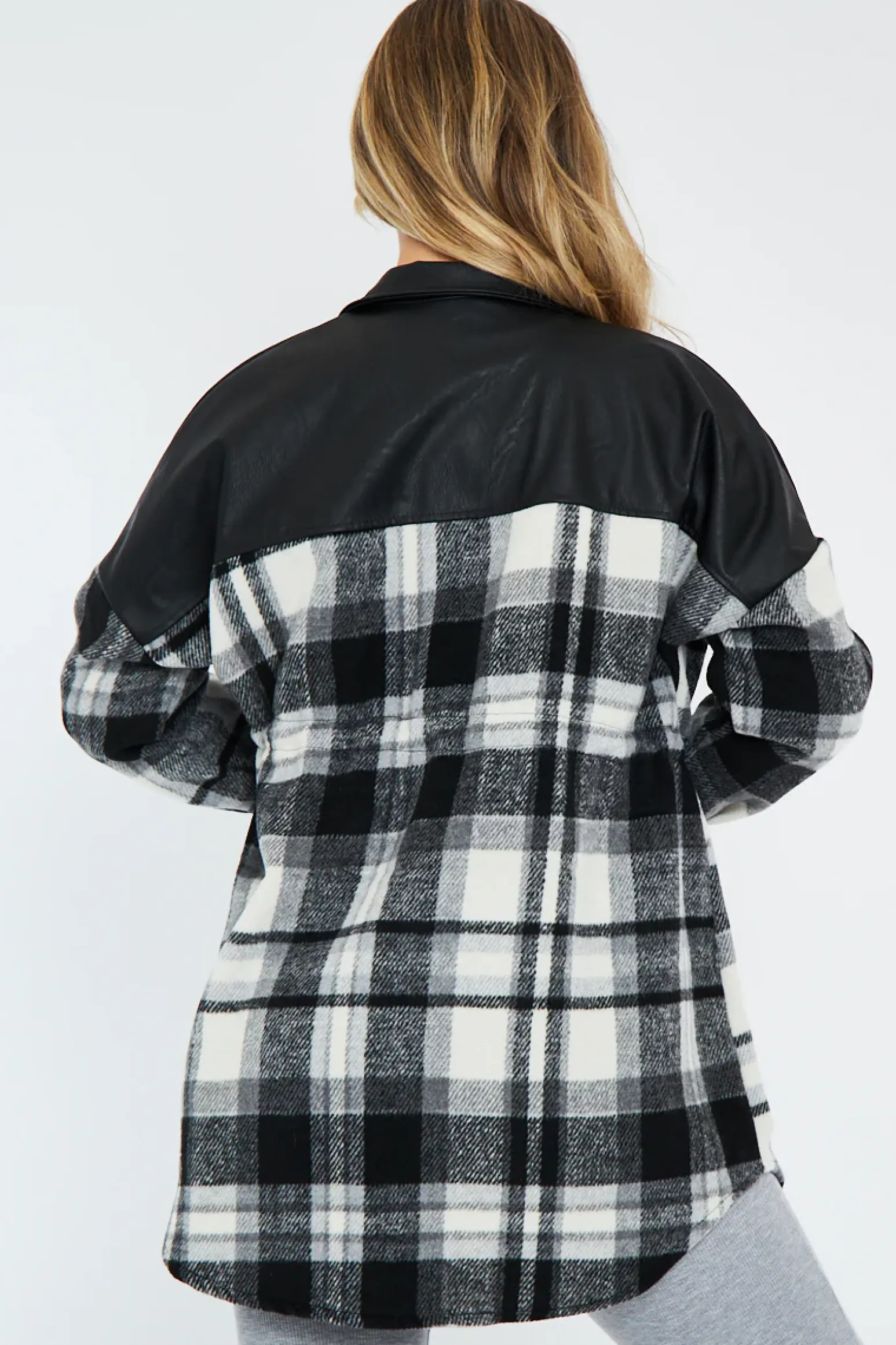 Rebellious Fashion Black Checked Leather Contrast Pocket Front Shacket - Ciana