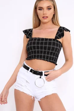Rebellious Fashion Black Checked Smocked Frill Crop Top - Lenni
