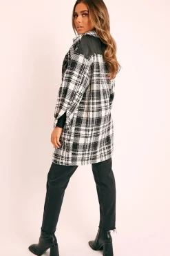 Rebellious Fashion Black Check Faux Leather Panel Oversized Shirt - Breah