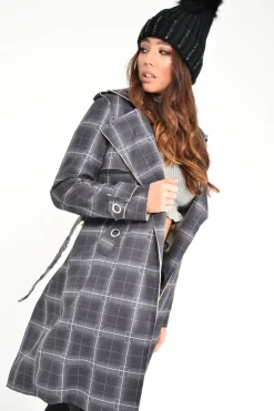 Rebellious Fashion Black Check Faux Suede Eyelet Detail Trench Coat - Safiyya