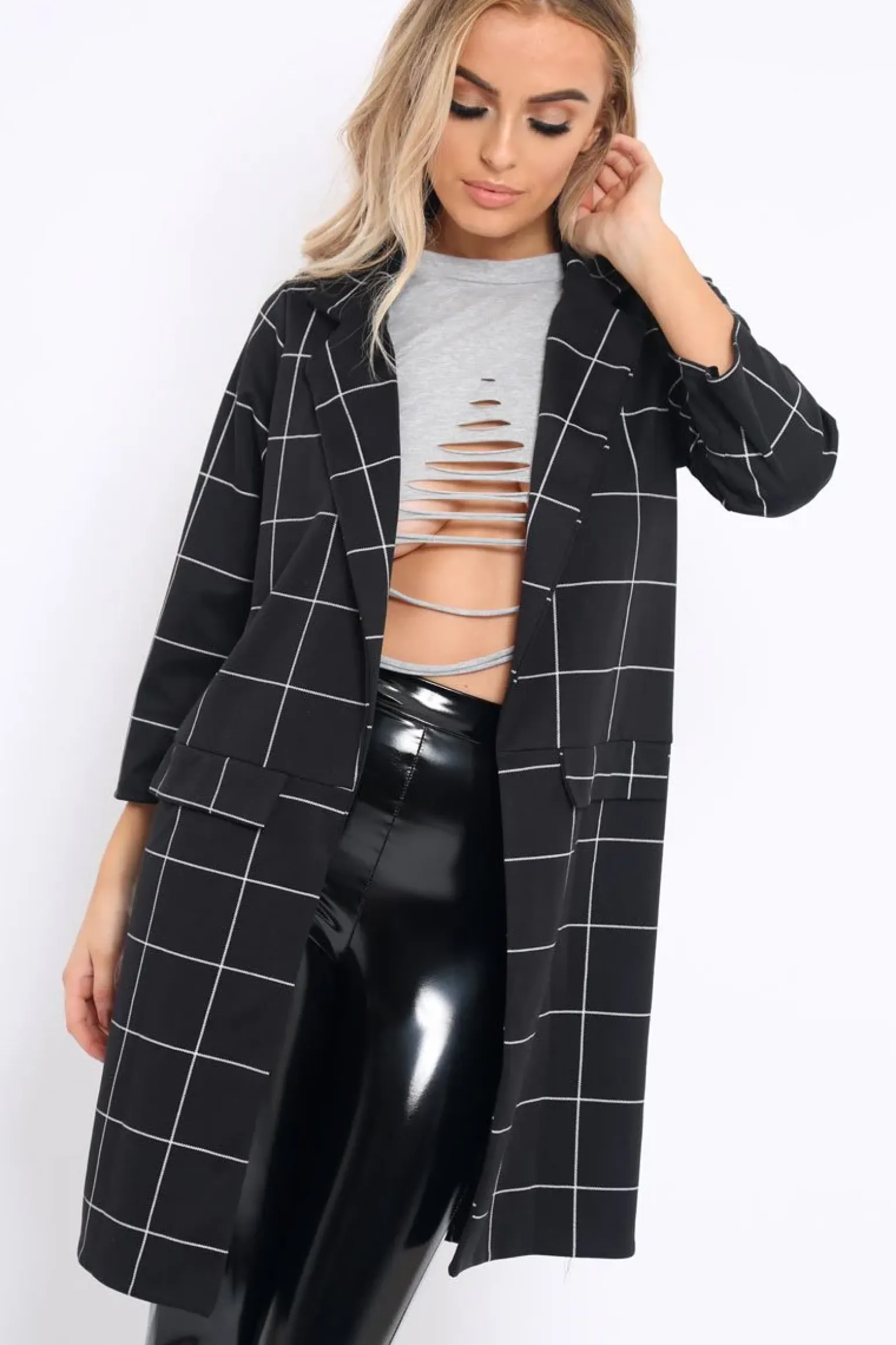 Rebellious Fashion Black Check Long Blazer - Kerrie
