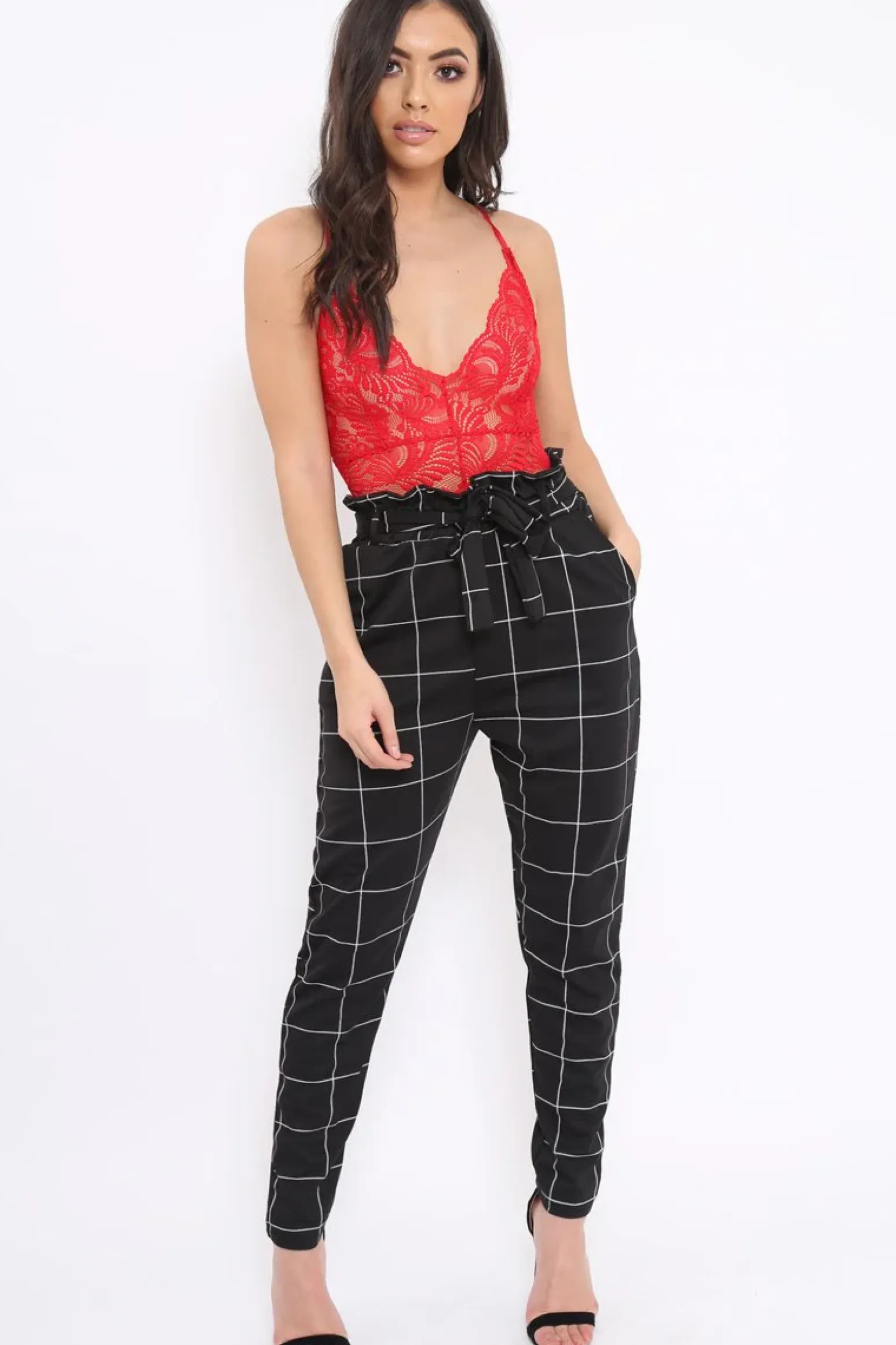 Rebellious Fashion Black Check Paper Bag Tie Waist Cigarette Trousers - Karmen