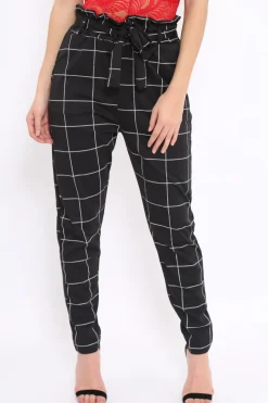 Rebellious Fashion Black Check Paper Bag Tie Waist Cigarette Trousers - Karmen