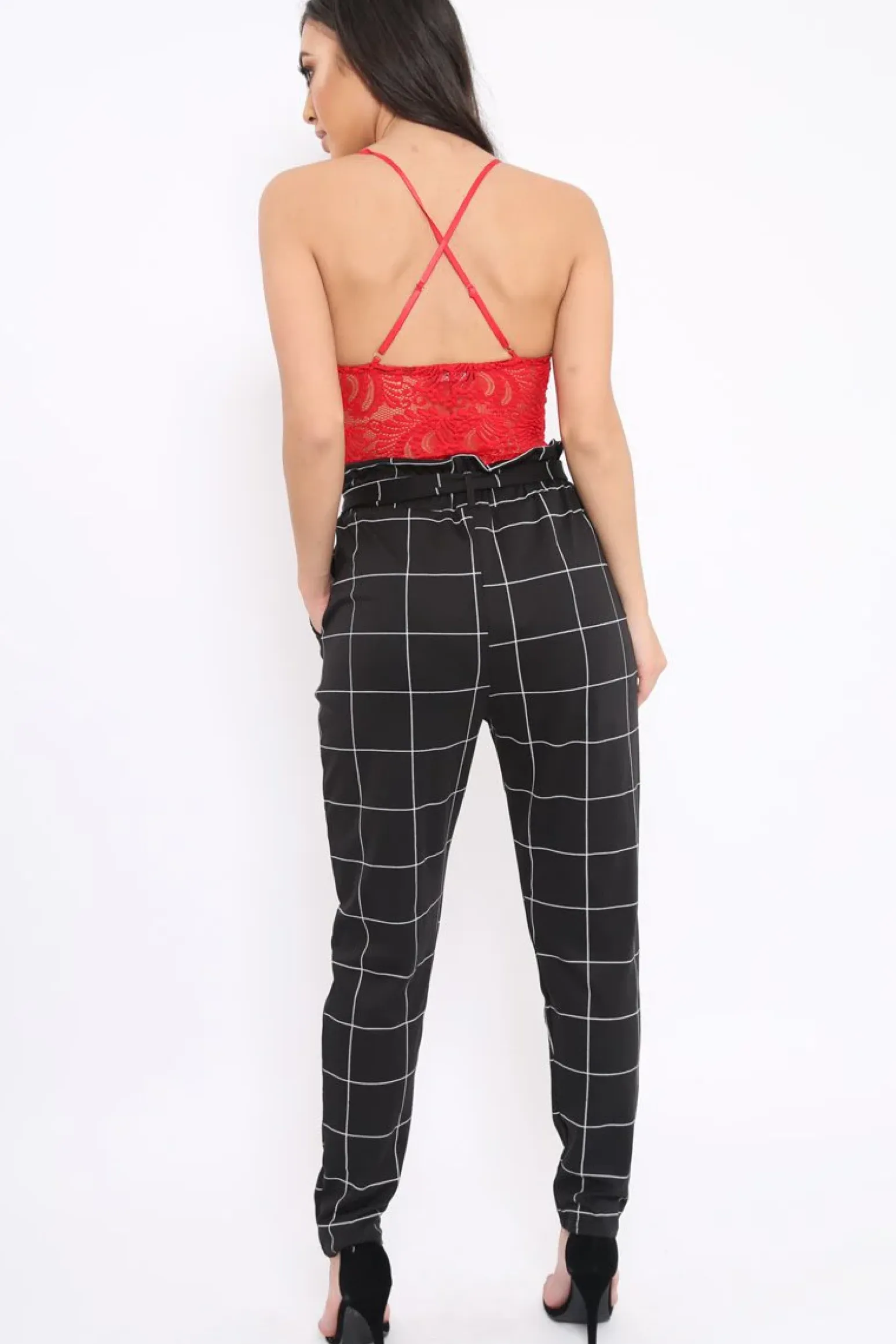 Rebellious Fashion Black Check Paper Bag Tie Waist Cigarette Trousers - Karmen