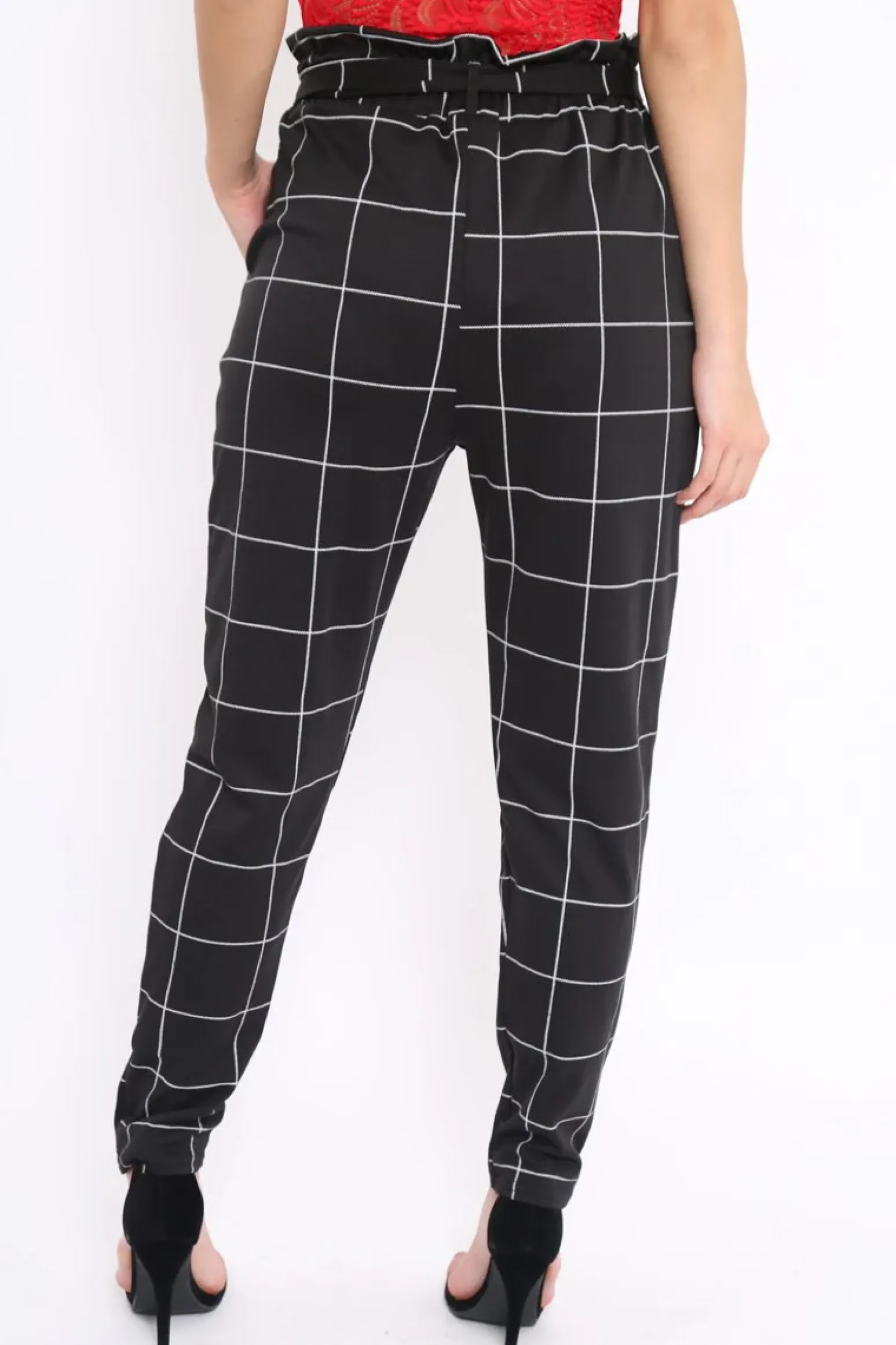 Rebellious Fashion Black Check Paper Bag Tie Waist Cigarette Trousers - Karmen