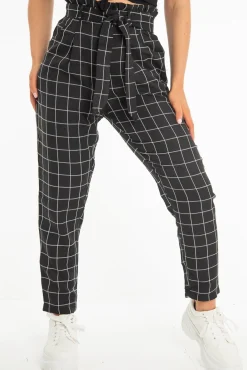 Rebellious Fashion Black Check Paper Bag Trousers - Irma