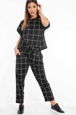 Rebellious Fashion Black Check Short Sleeve Top and Jogger Set - Aimy